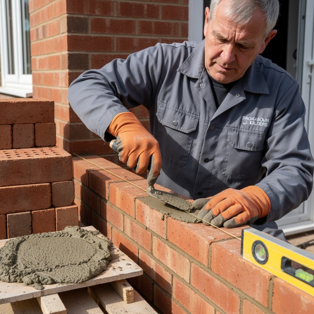 Professional bricklayer from Bromborough Builders laying bricks on residential extension wall in Wirral showing quality craftsmanship