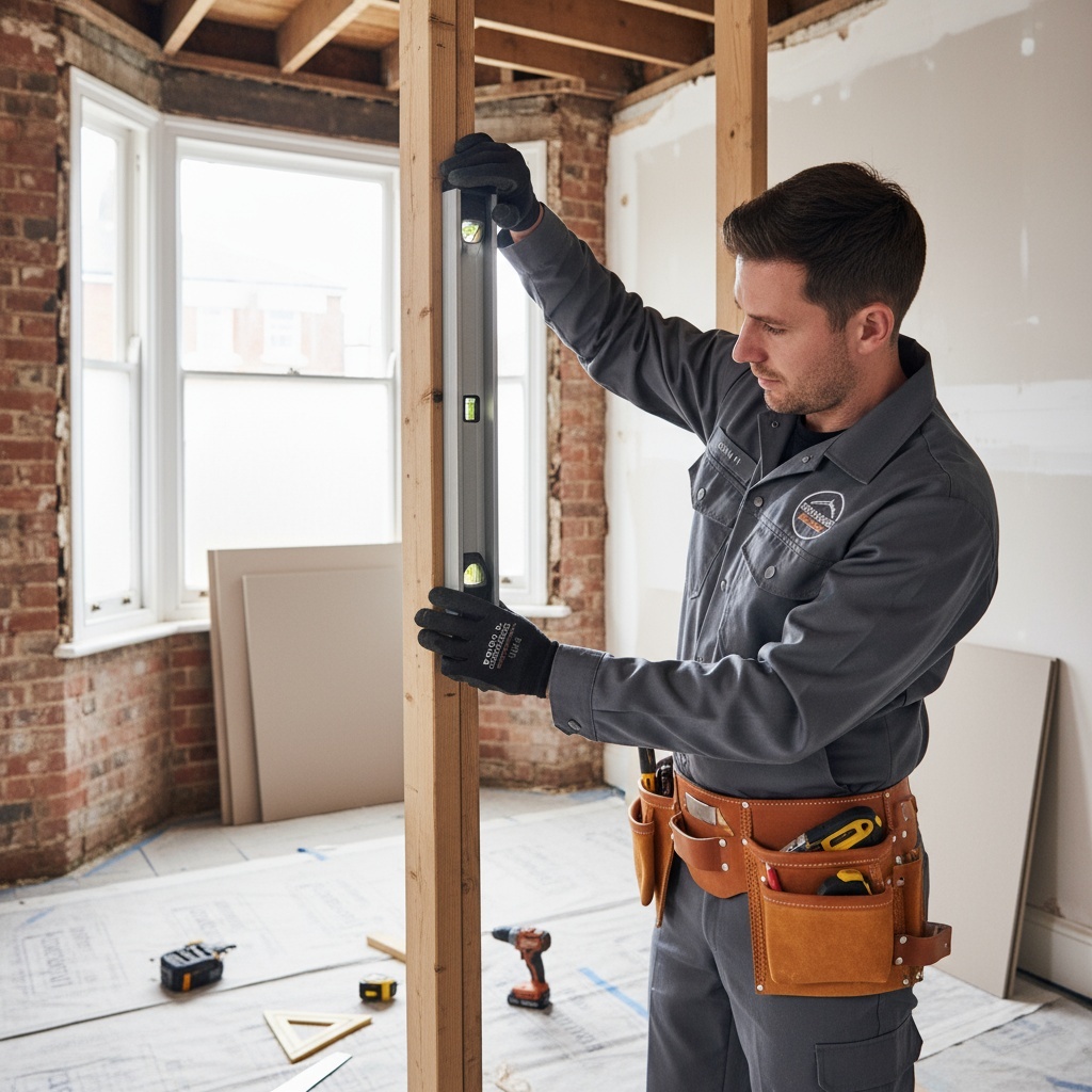 Bromborough Builders tradesman installing internal wall framework during full house renovation in Wirral Victorian terrace